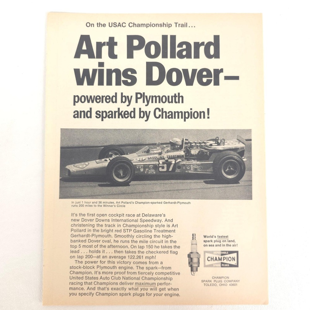 Art Pollard Plymouth Champ Car Print Ad Vintage Racing Advertising Promotional
